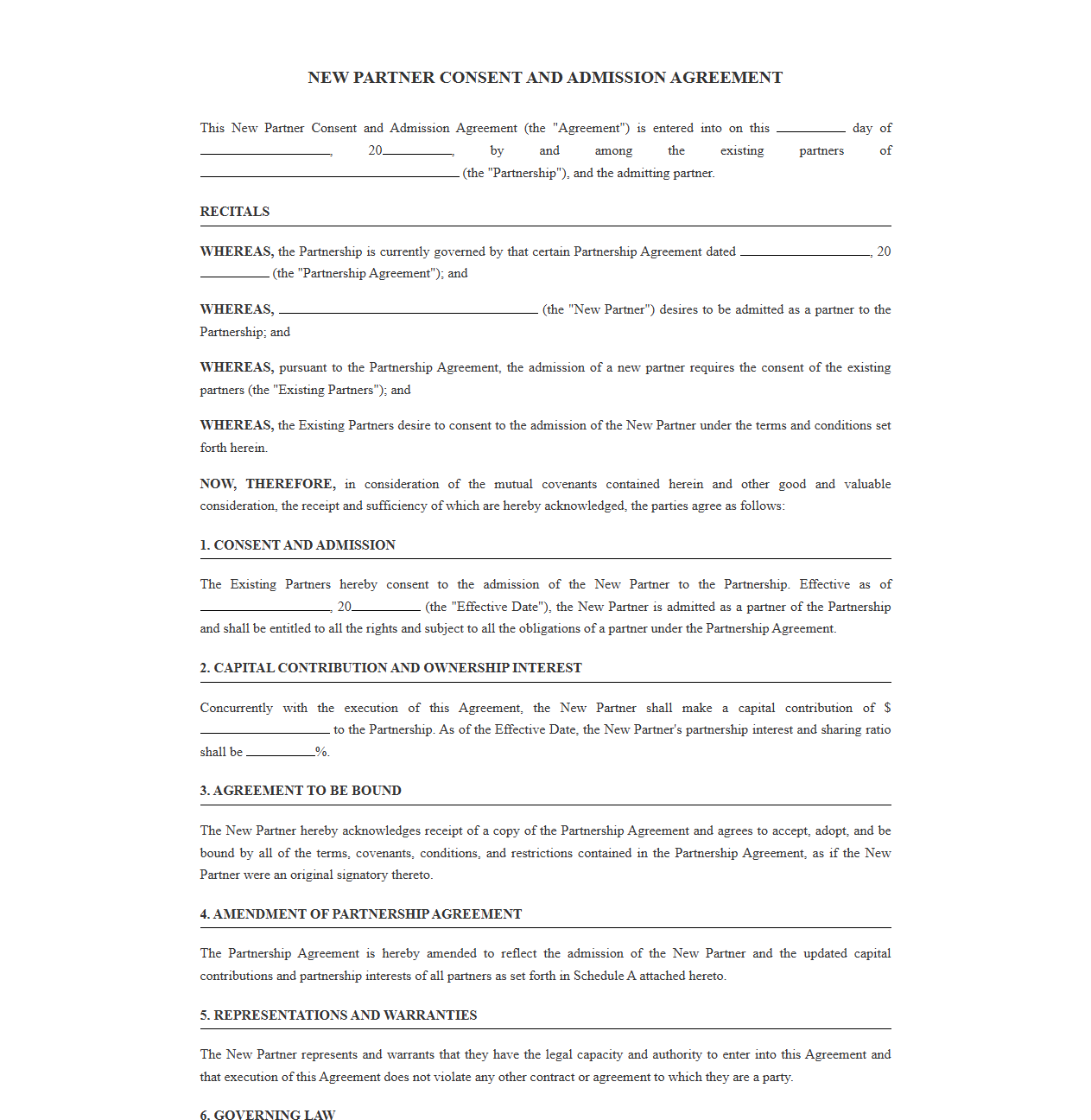 New Partner Consent and Admission Agreement