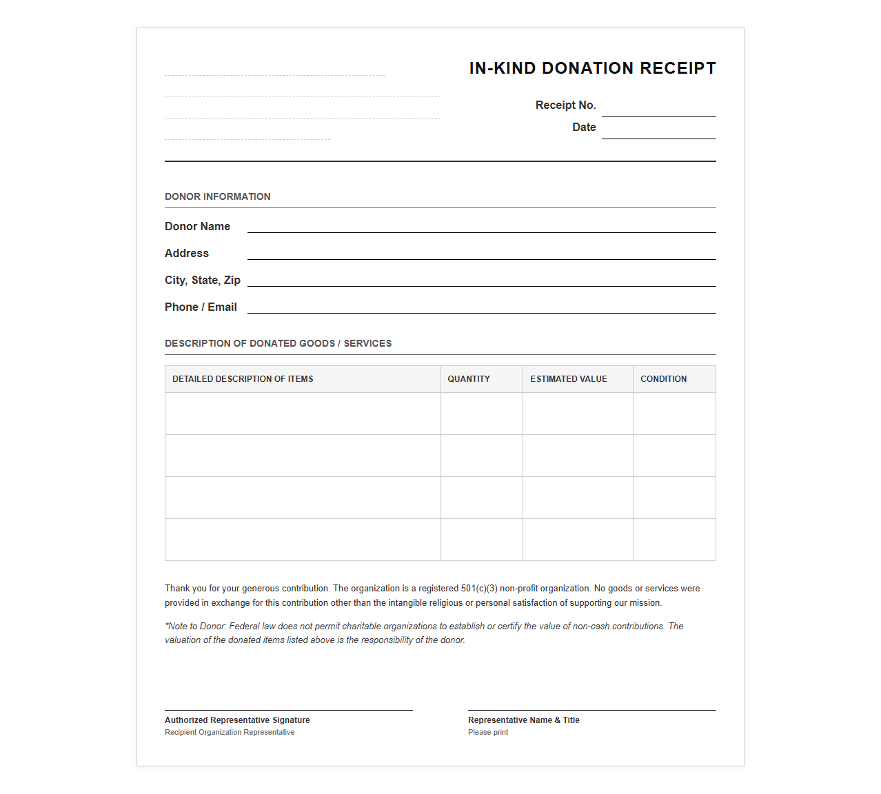 Non-Cash Donation Receipt Template