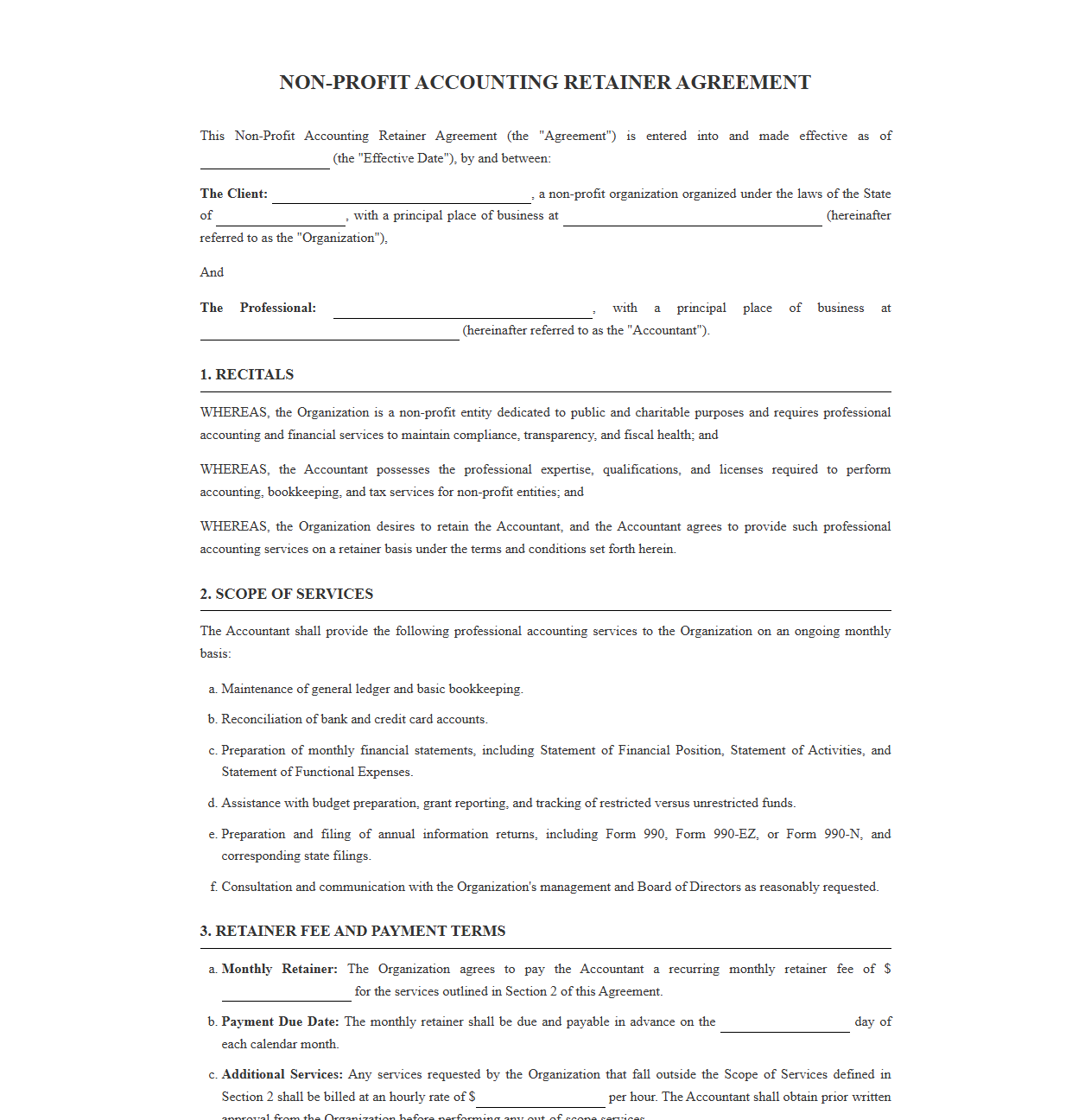 Non-Profit Accounting Retainer Agreement Template