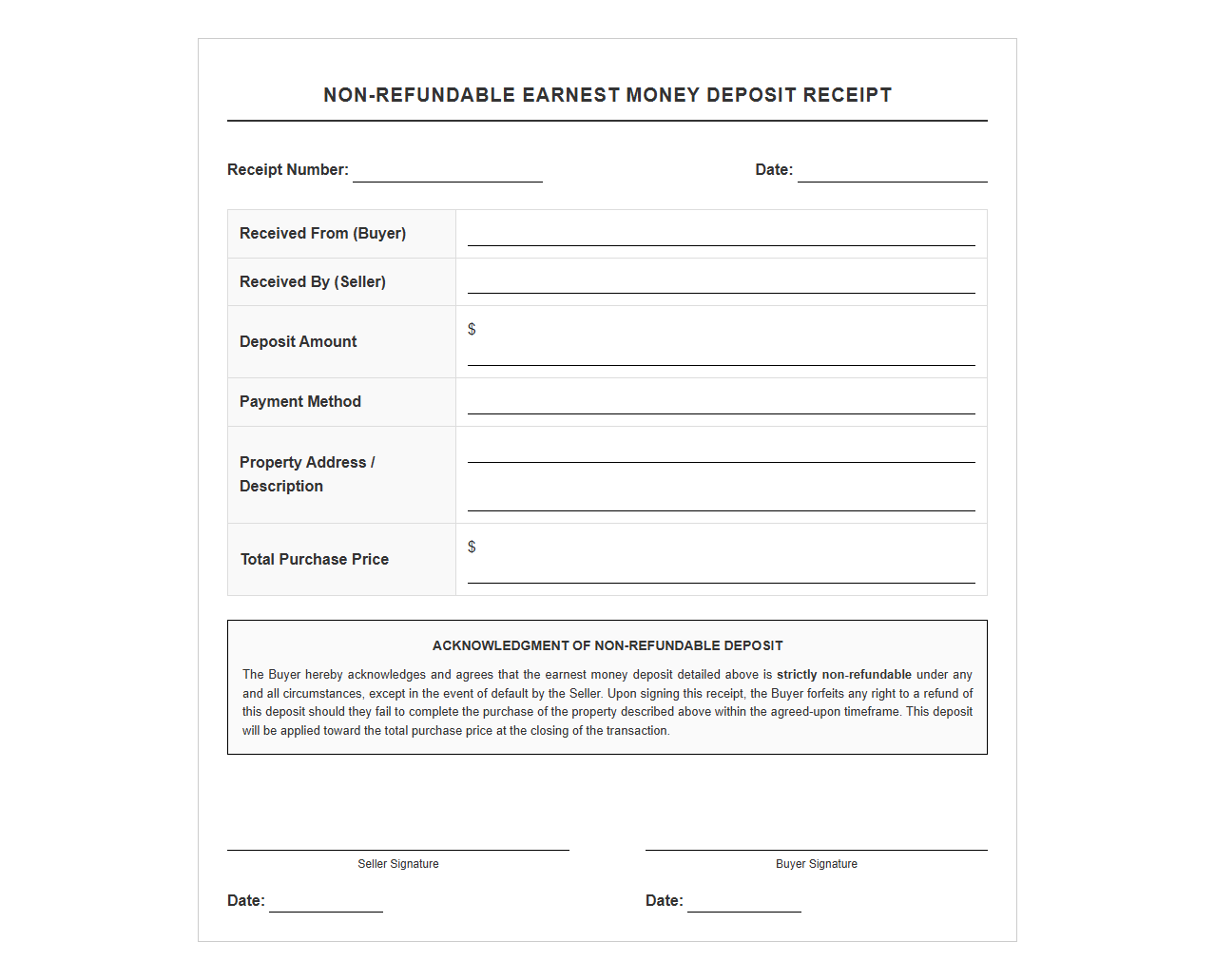 Non-Refundable Earnest Money Deposit Receipt