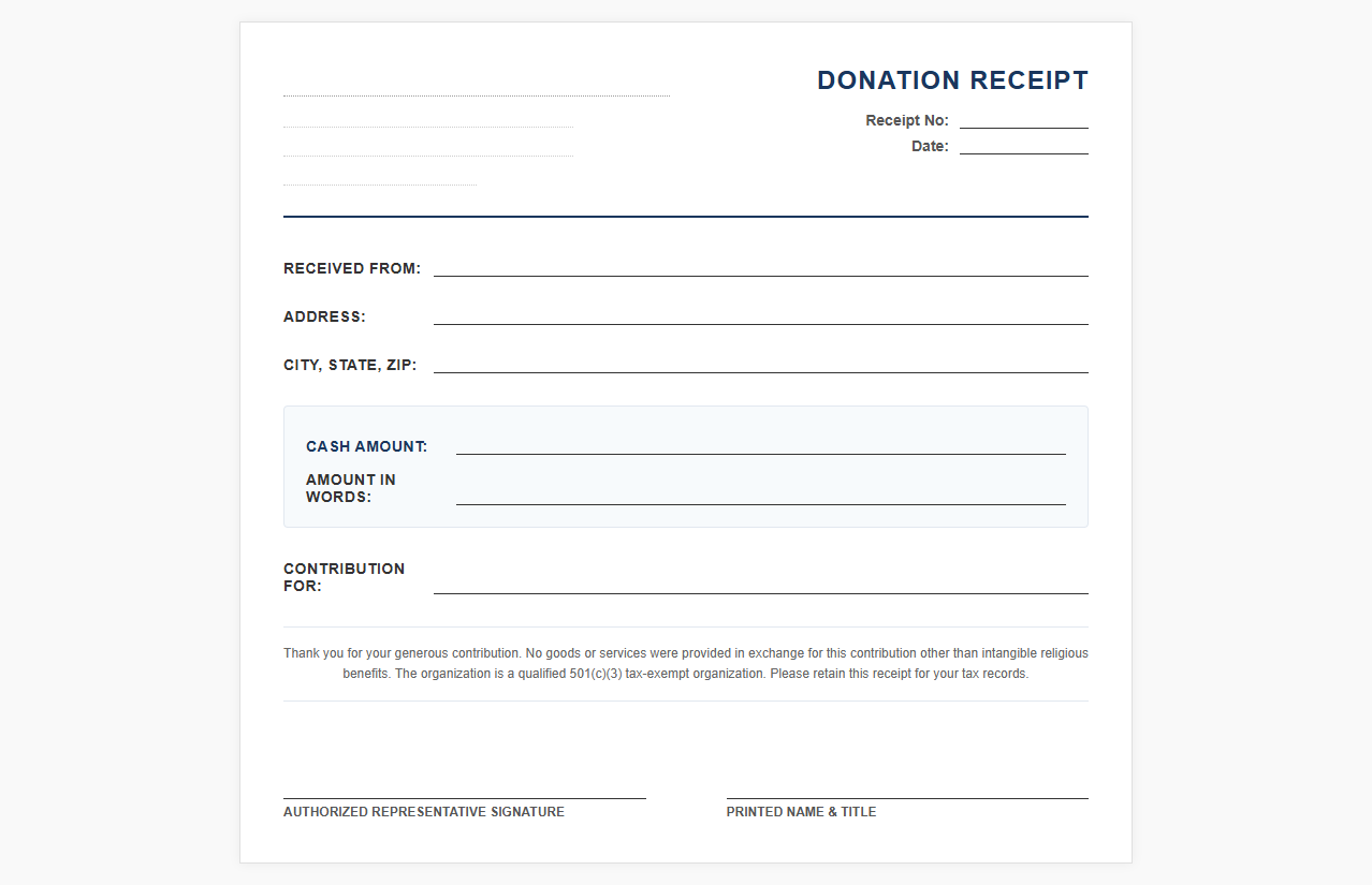 Nonprofit Cash Donation Receipt