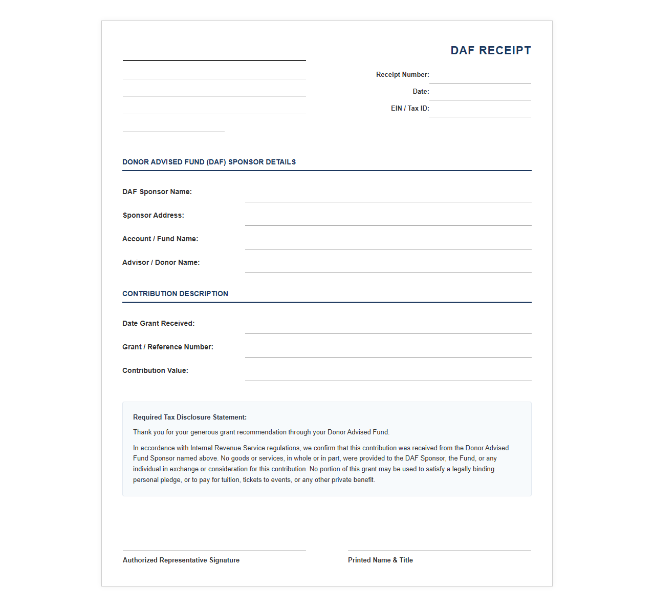 Nonprofit Receipt for Donor Advised Fund Gifts