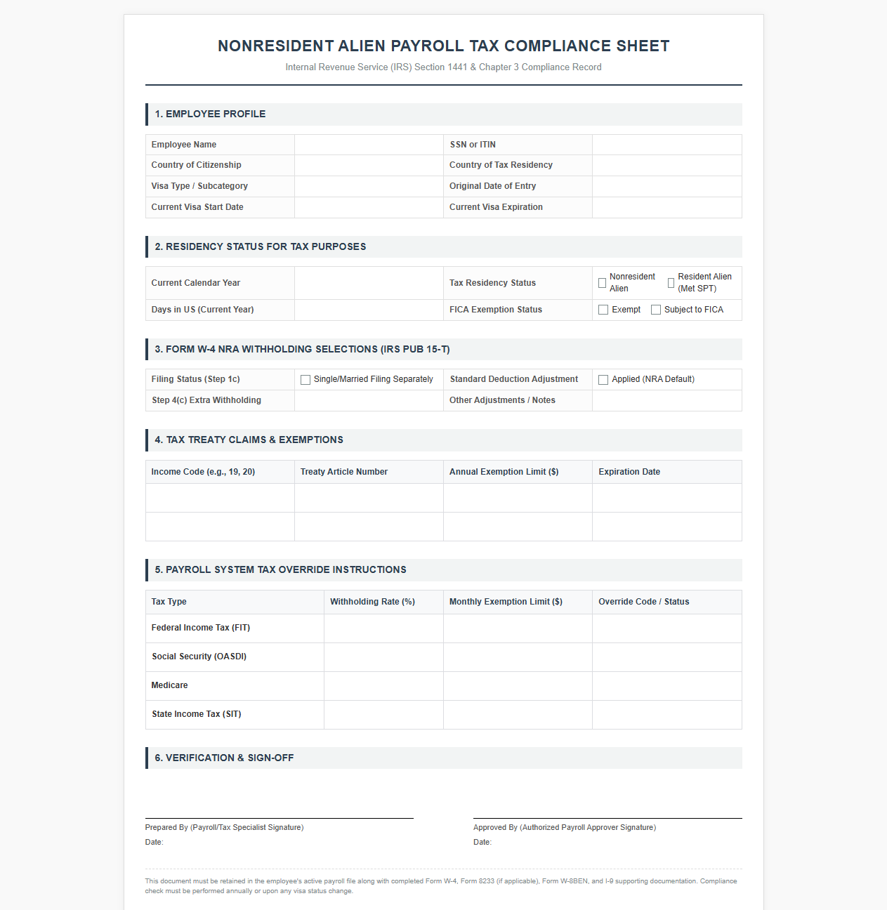 Nonresident Alien Payroll Tax Compliance Sheet