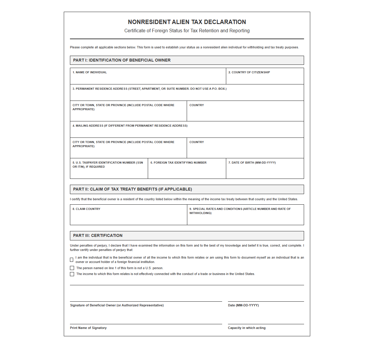 Nonresident Alien Tax Declaration Template