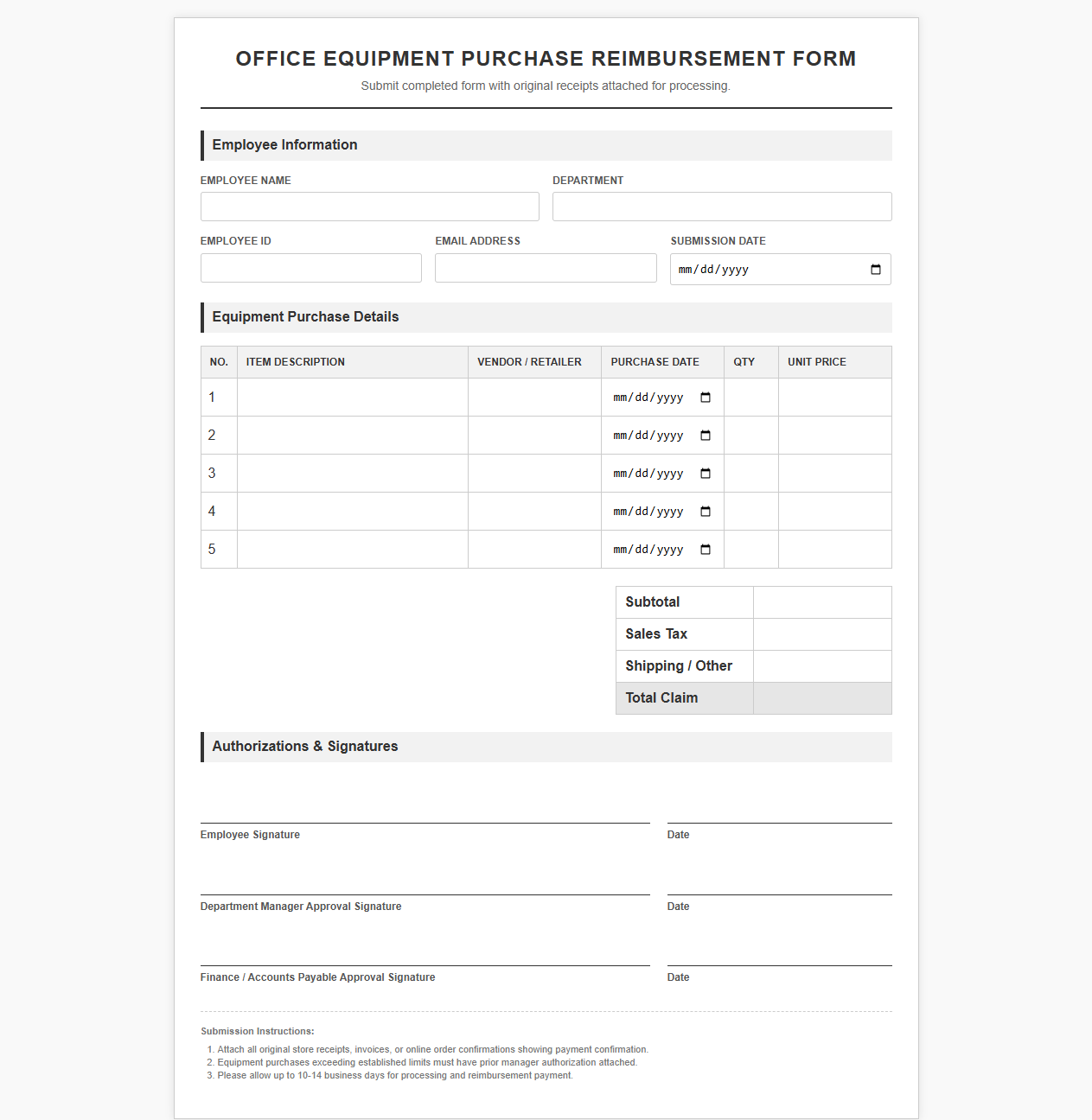 Office Equipment Purchase Reimbursement Form