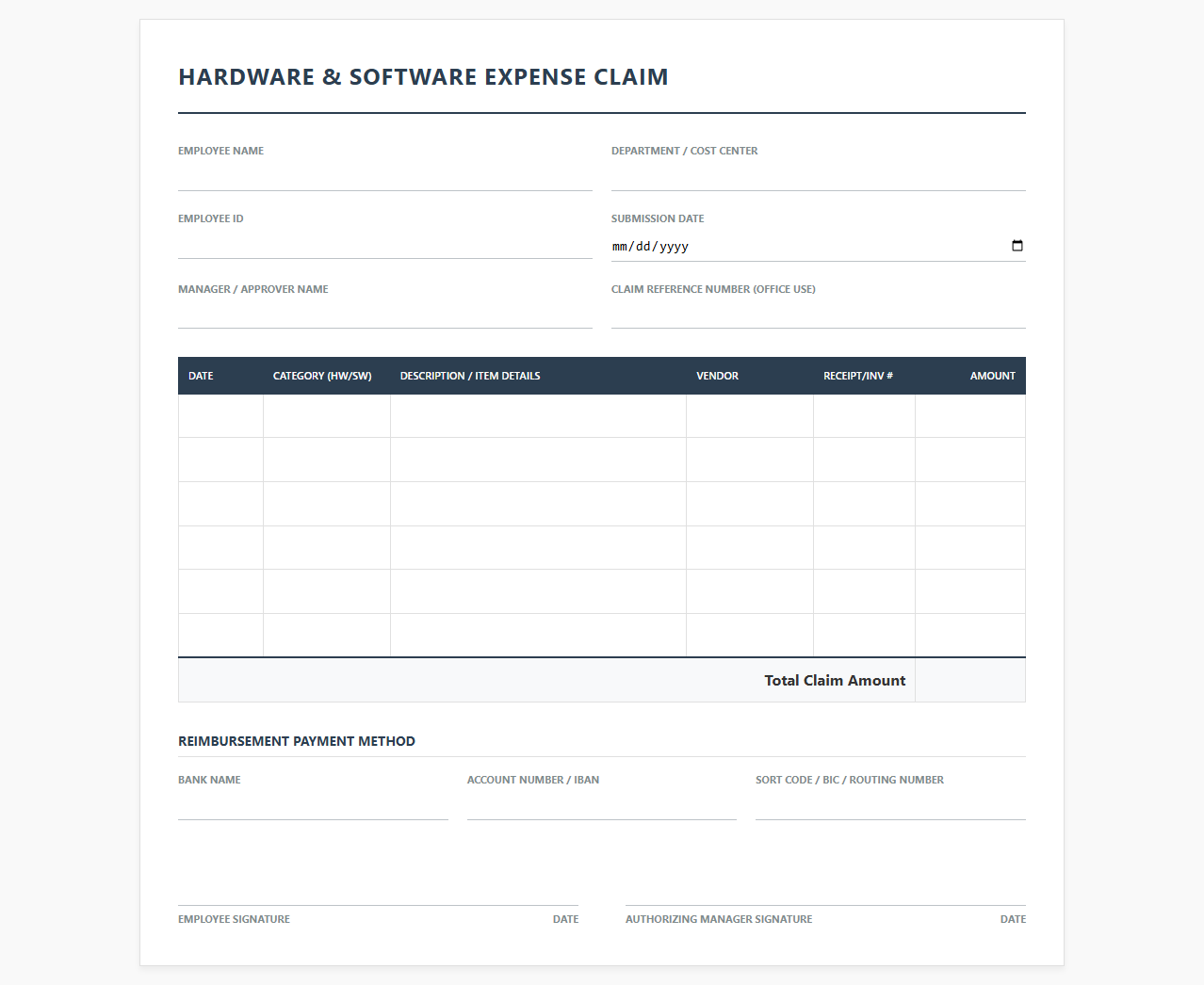 Office Hardware and Software Expense Claim Template