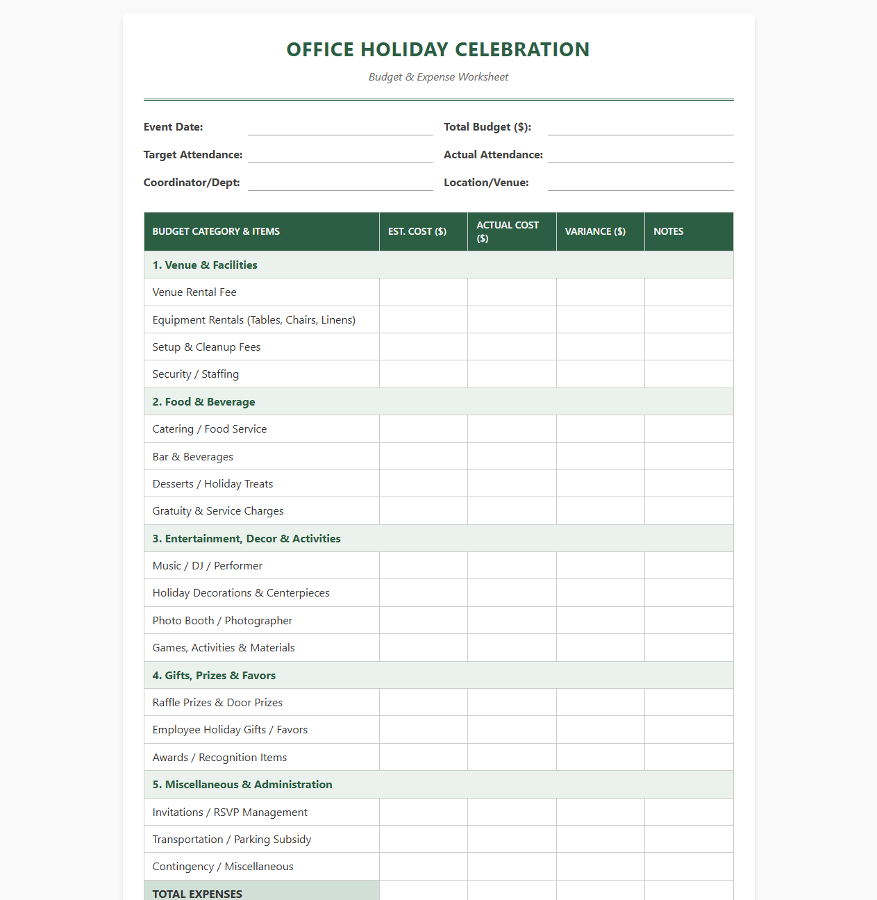 Office Holiday Celebration Budget Worksheet