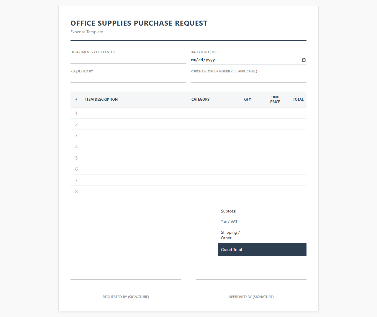 Office Materials Purchasing Template