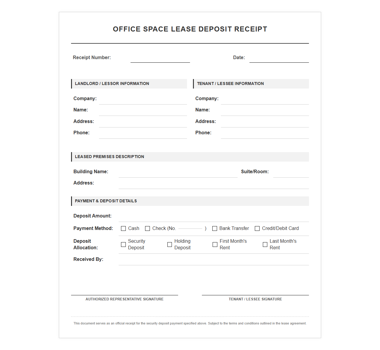 Office Space Lease Deposit Receipt Template