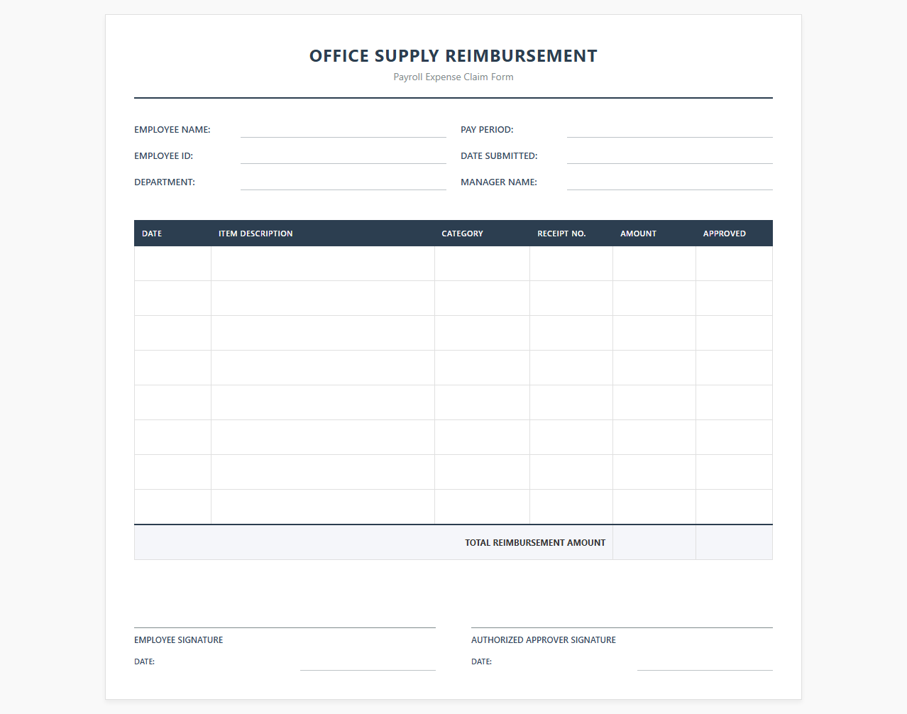 Office Supply Expense Reimbursement Payroll Sheet