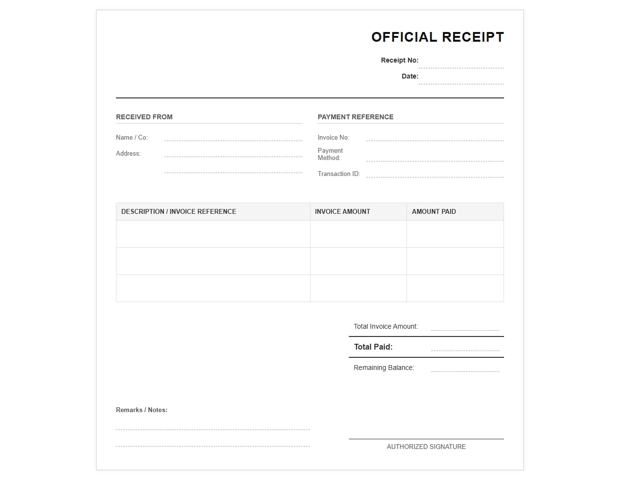 Official Receipt for Invoice Payment