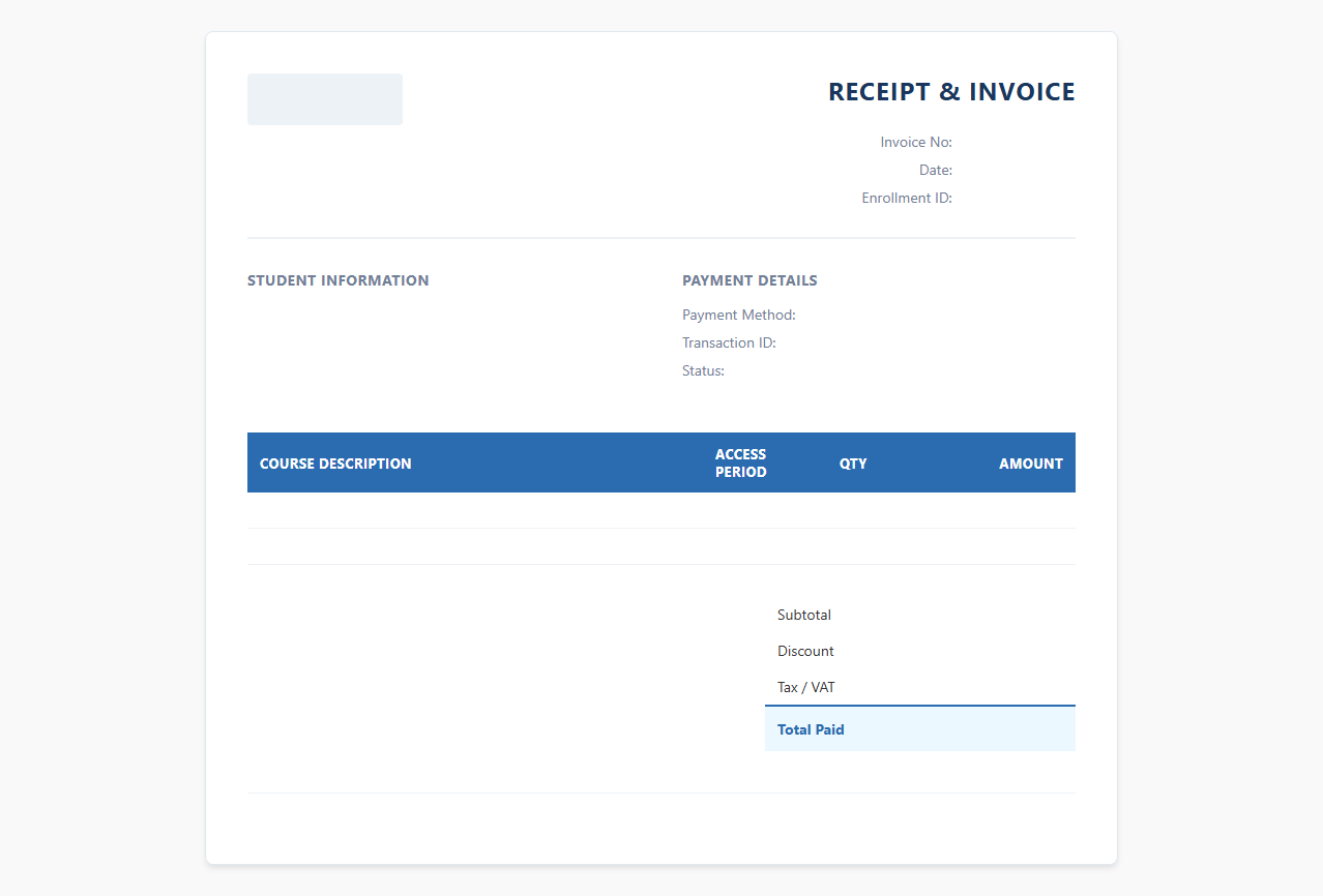 Online Course Enrollment Receipt and Invoice