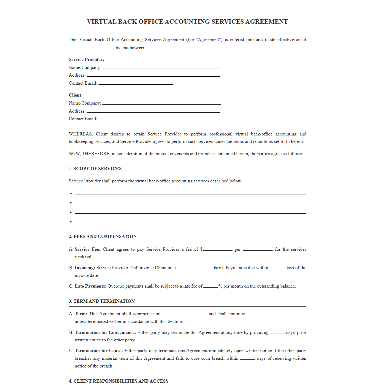 Outsourced Back Office Accounting Service Contract Template