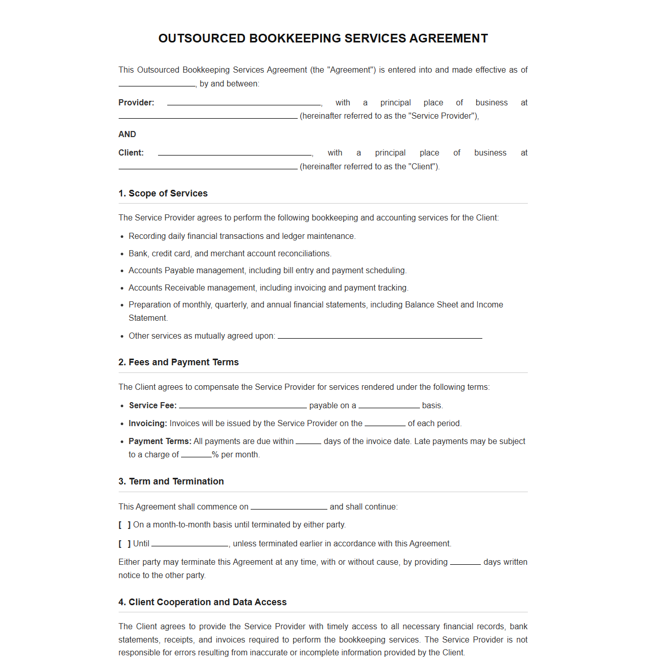 Outsourced Bookkeeping Services Contract Template