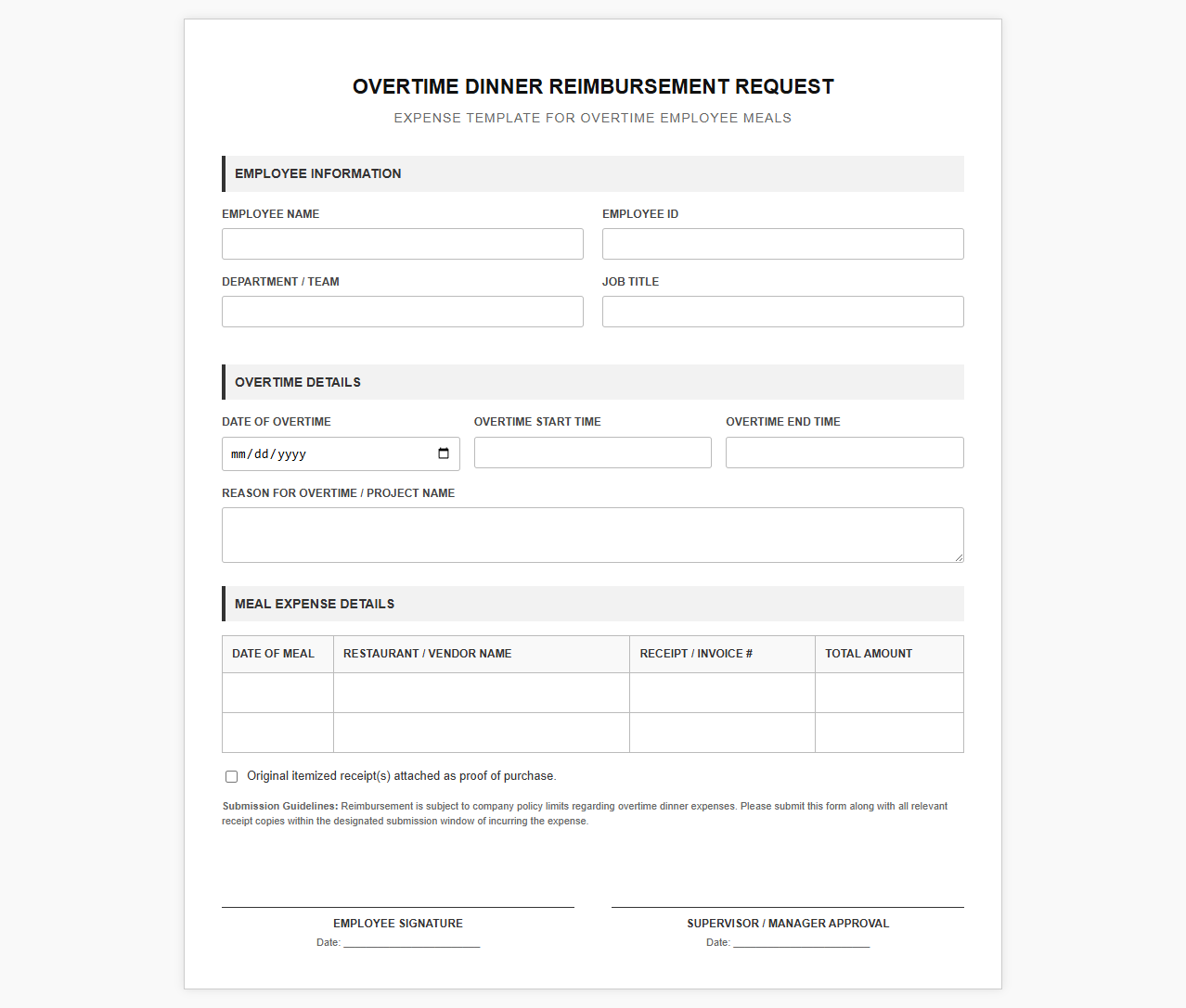 Overtime Dinner Reimbursement Request Form
