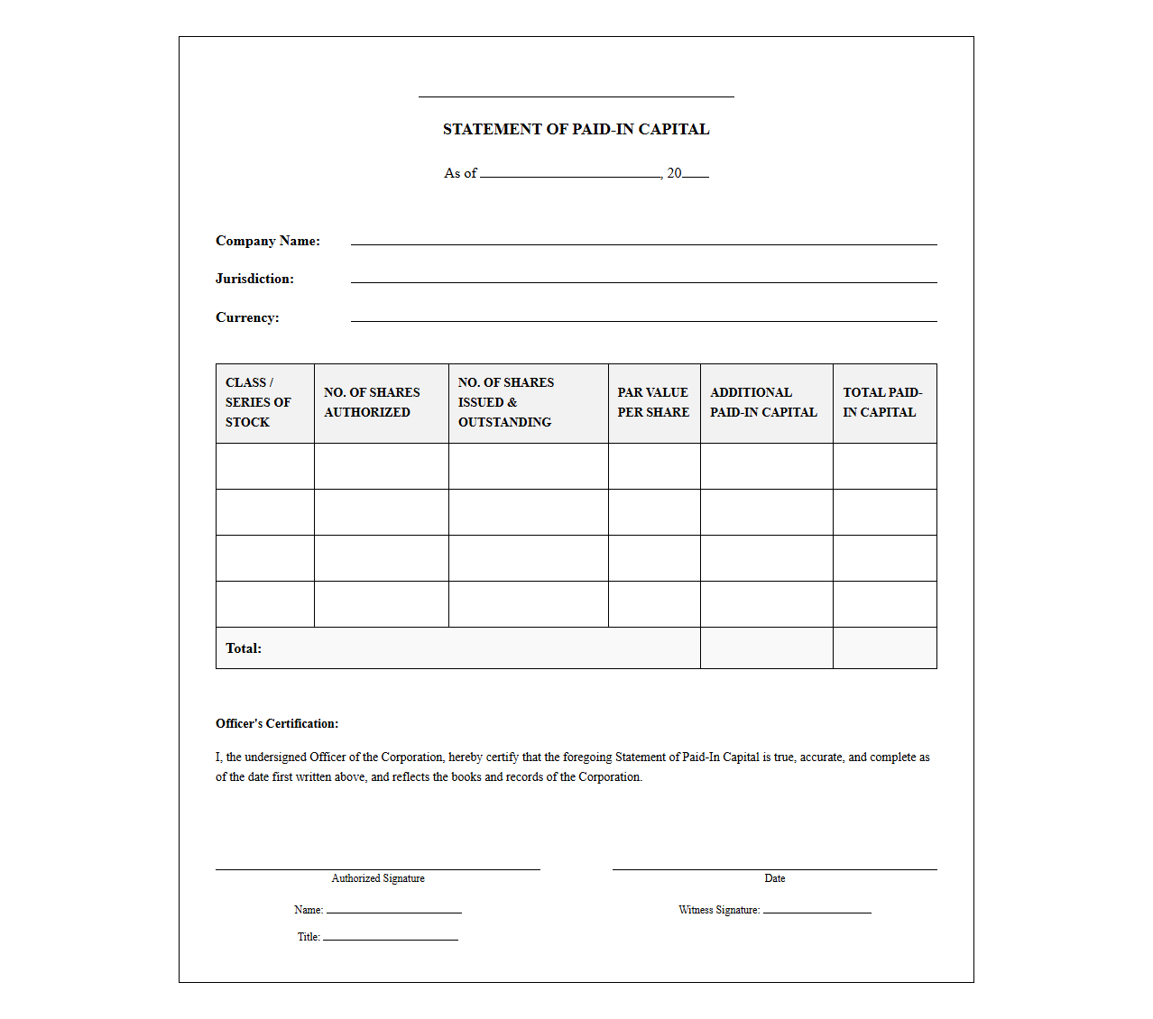 Paid-In Capital Statement Template
