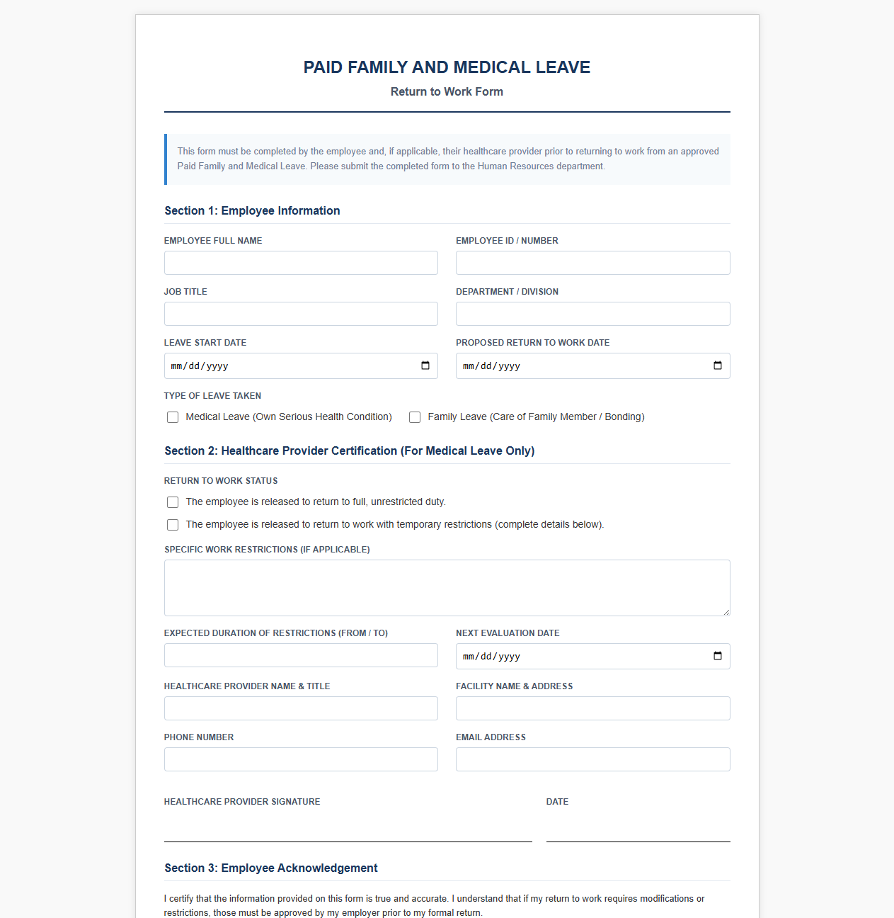 Paid Family and Medical Leave Return to Work Form