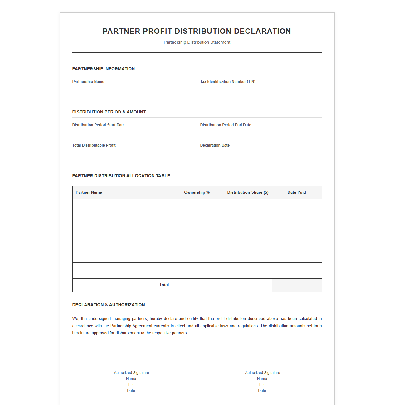 Partner Profit Distribution Declaration Form
