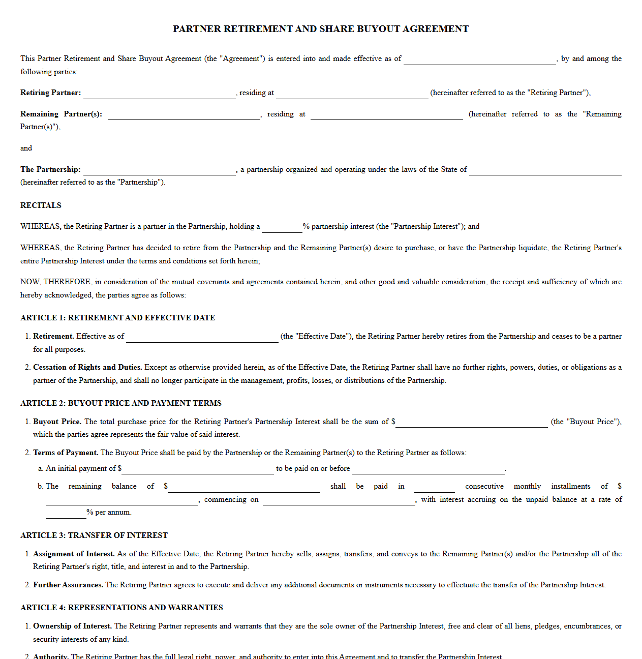 Partner Retirement and Share Buyout Agreement Template