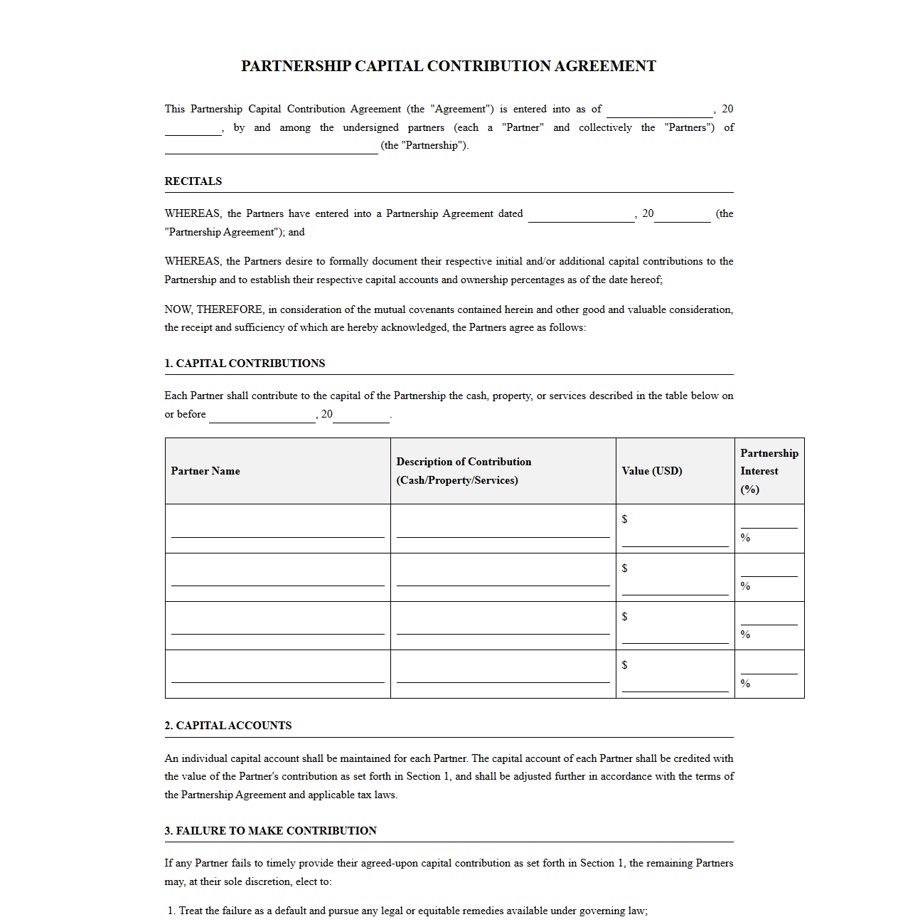 Partnership Capital Contribution Agreement Template