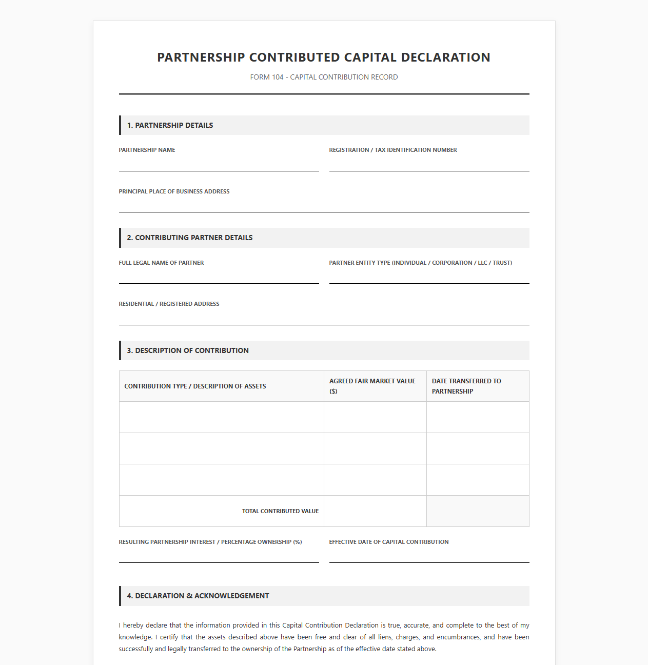 Partnership Contributed Capital Declaration Form
