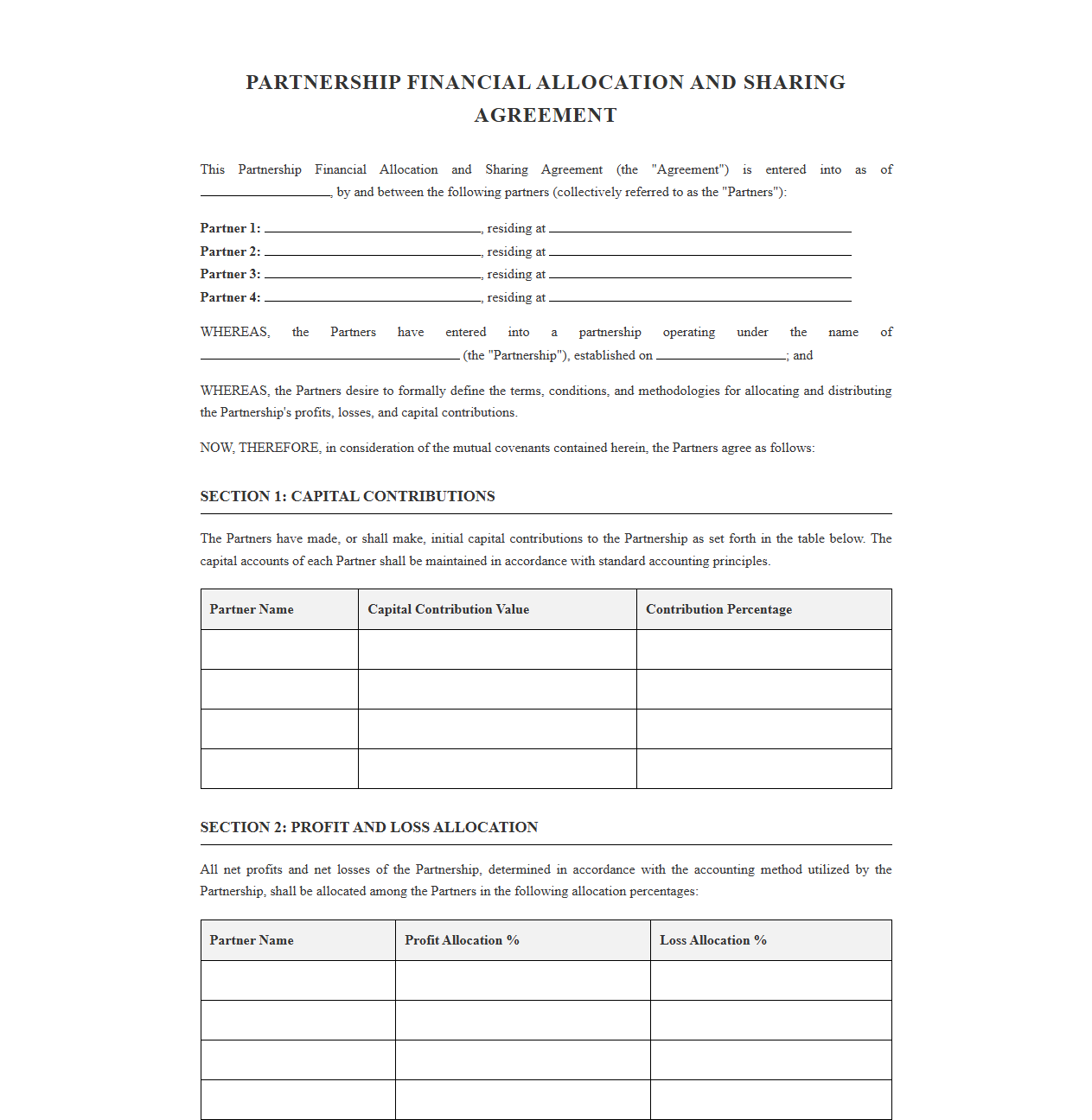 Partnership Financial Allocation and Sharing Agreement