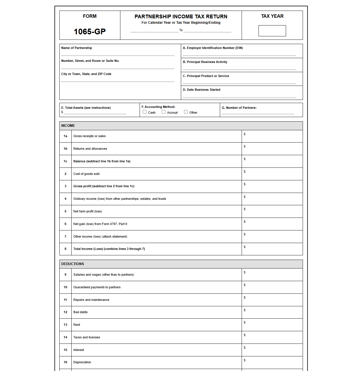 Partnership Income Tax Return Form Template