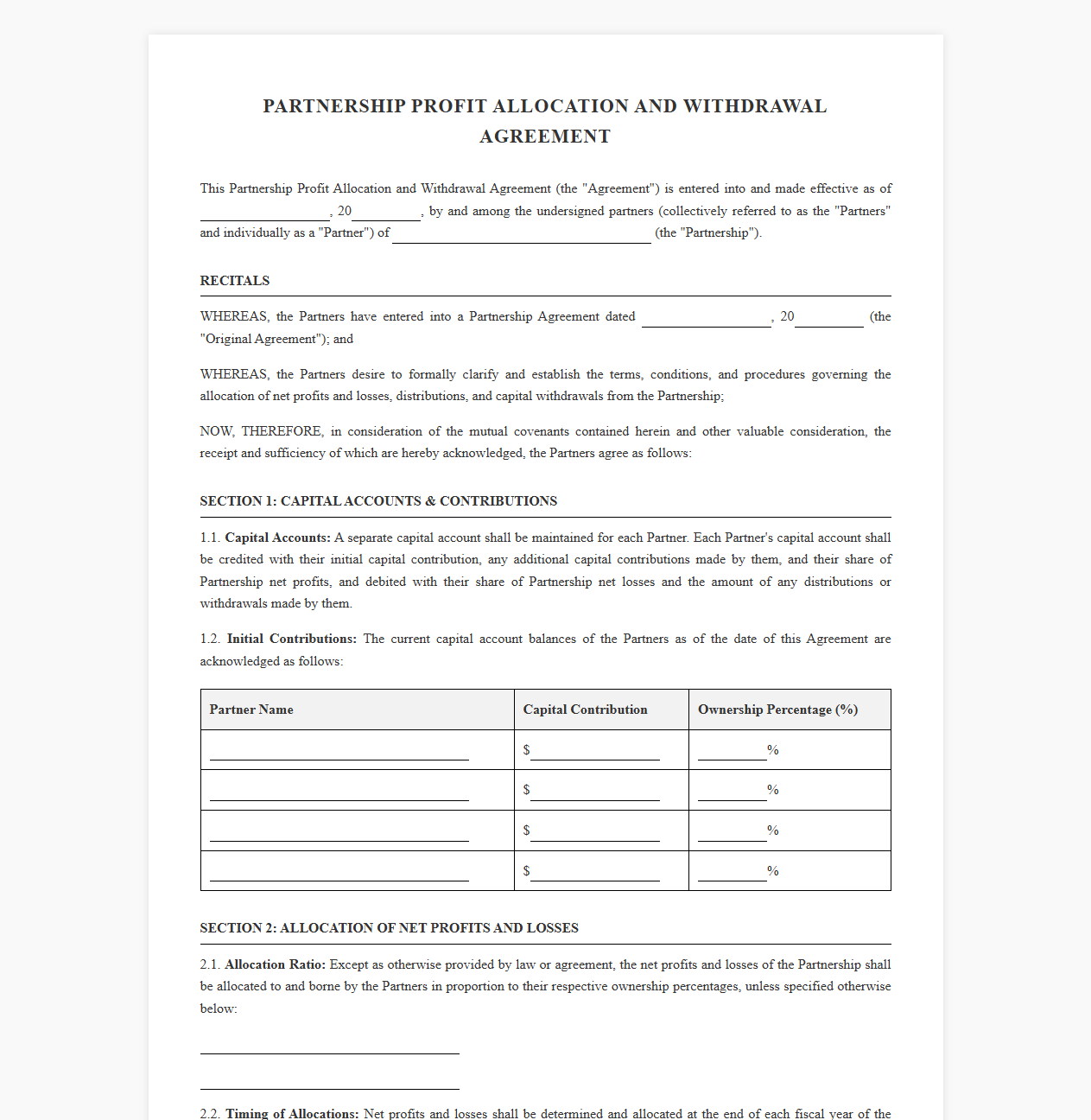Partnership Profit Allocation and Withdrawal Agreement