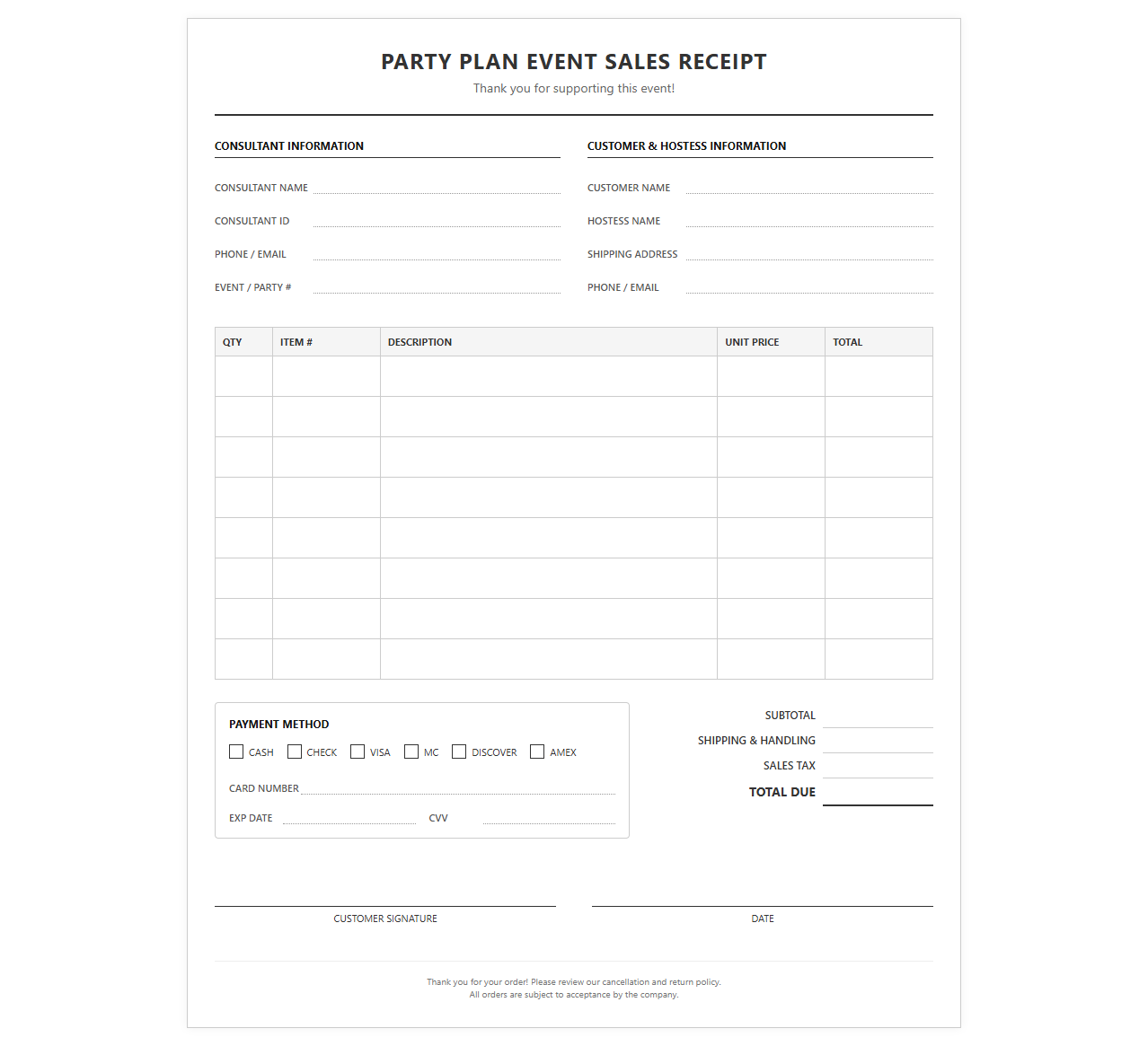 Party Plan Event Sales Receipt Form