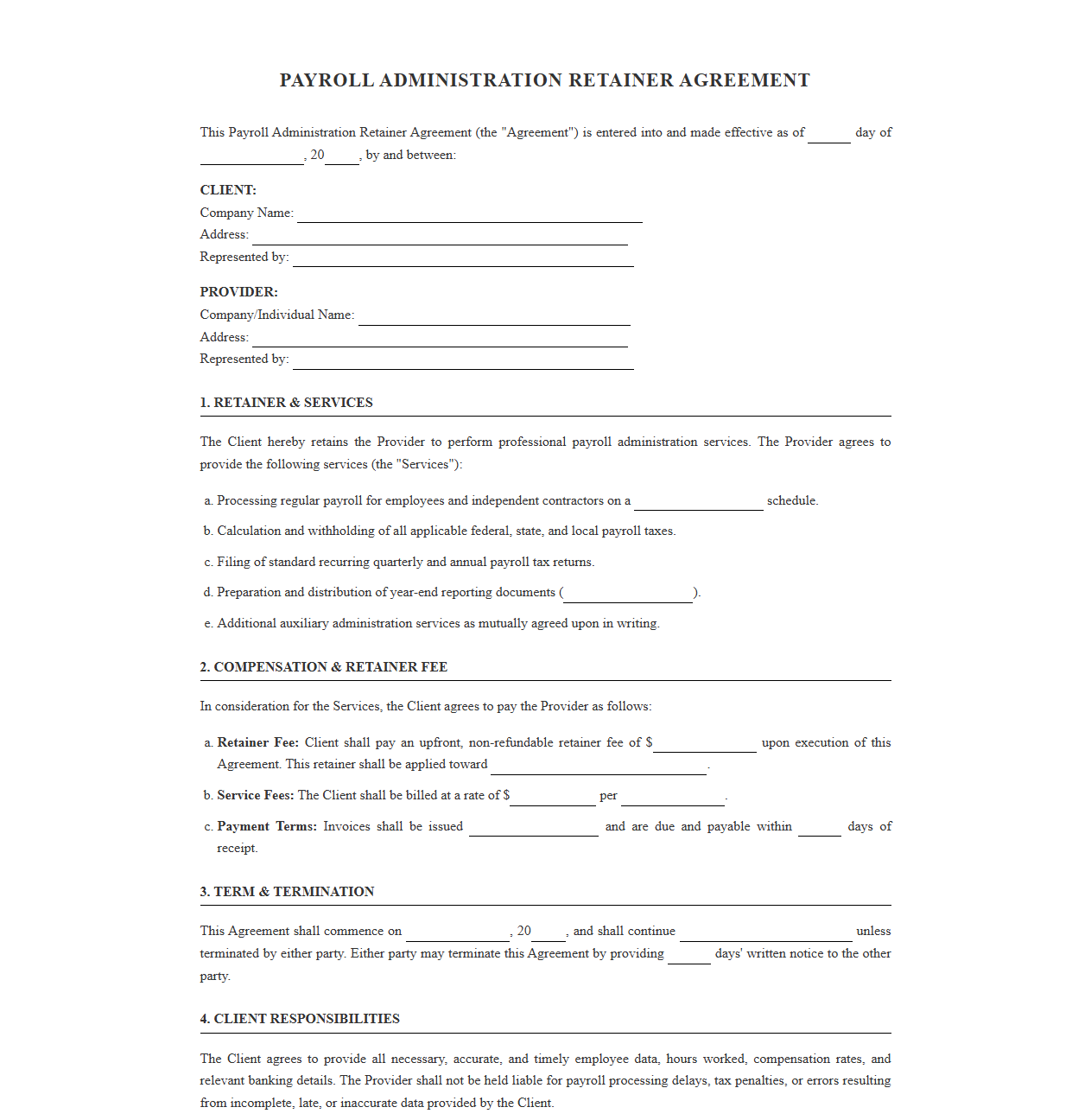 Payroll Administration Retainer Agreement Form