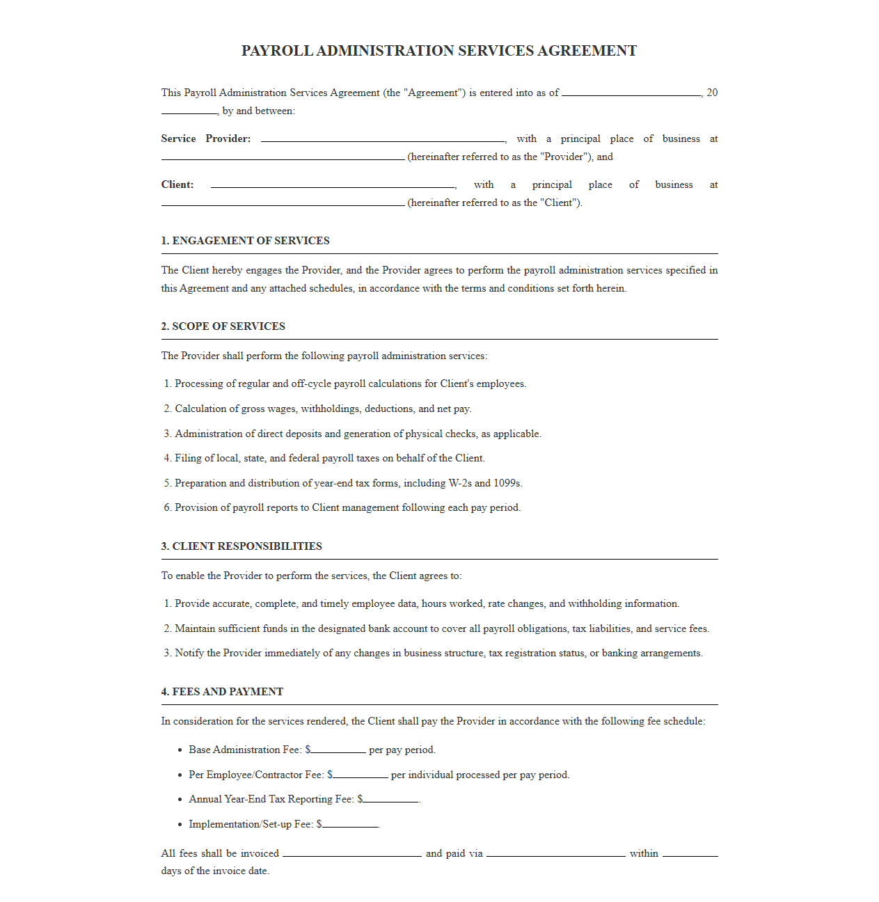 Payroll Administration Services Agreement Template