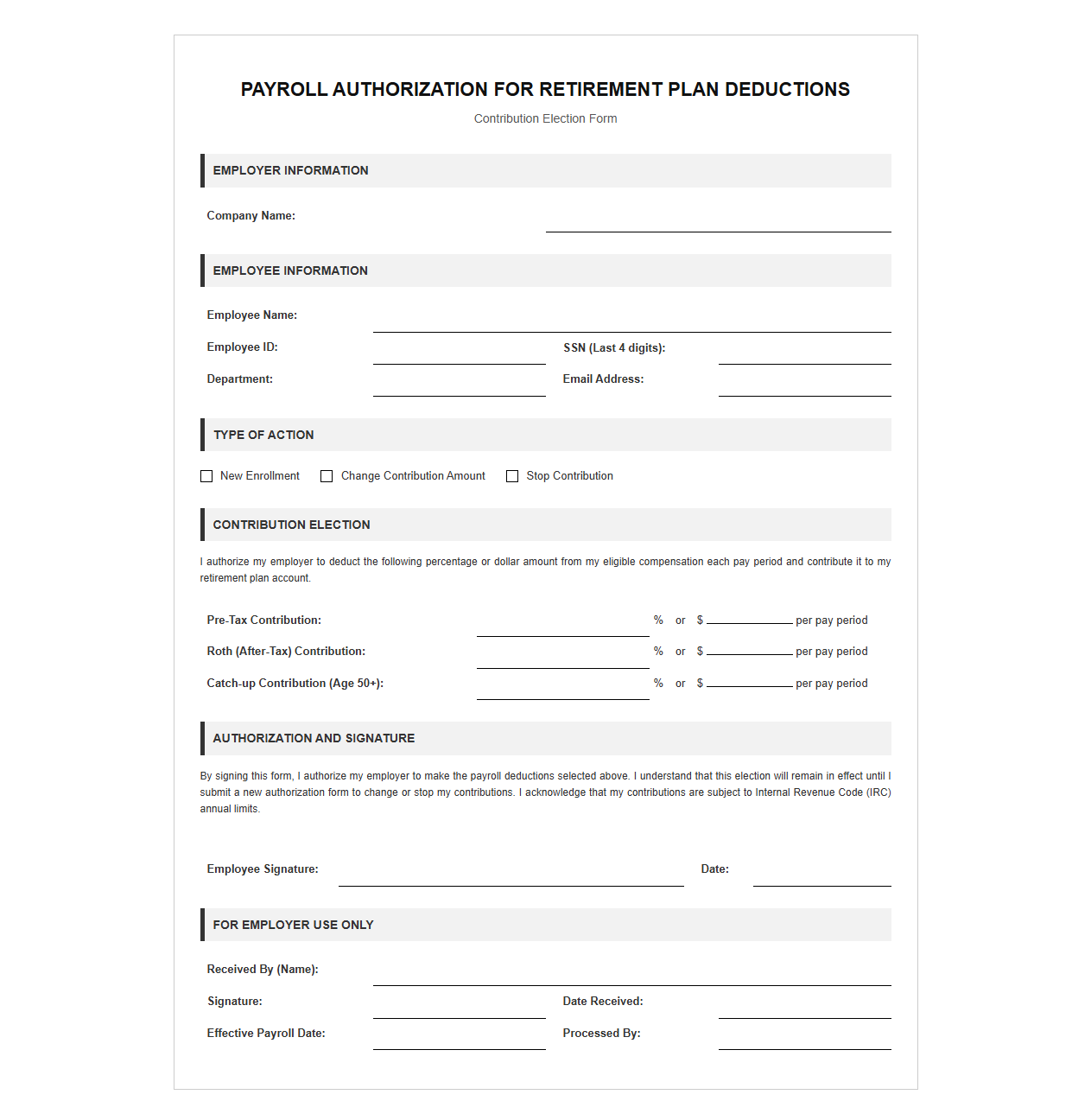 Payroll Authorization for Retirement Plan Deductions