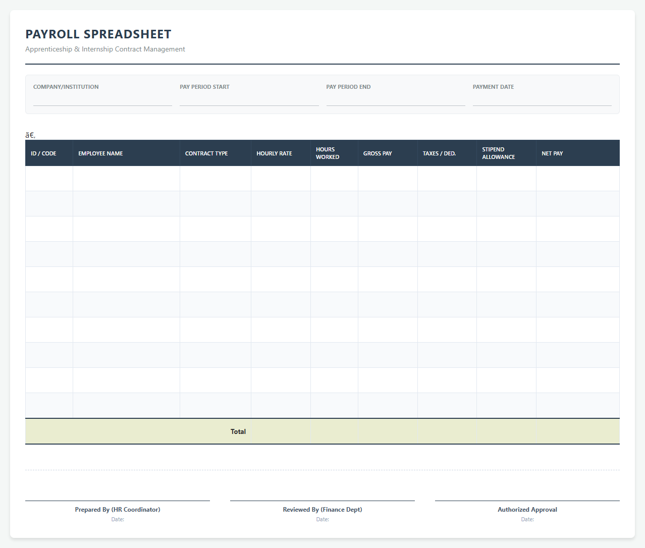 Payroll Spreadsheet for Apprenticeships and Internships