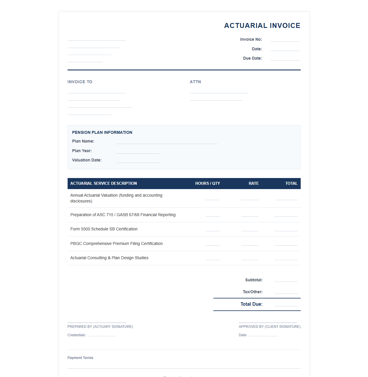 Pension Valuation Actuarial Invoice Template