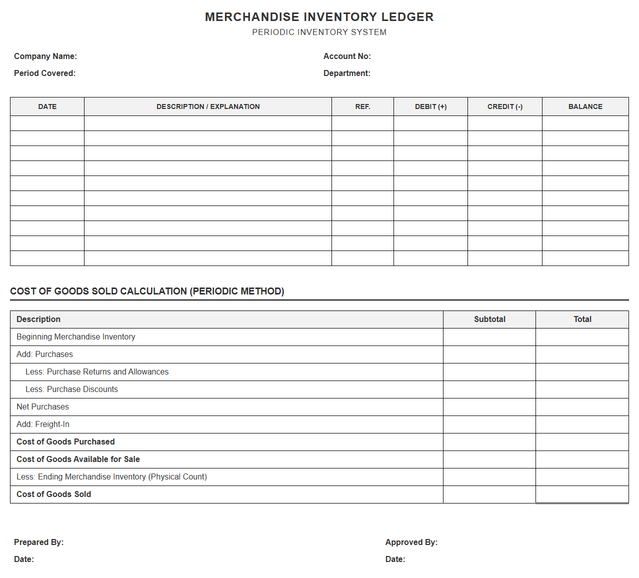 Periodic Inventory Merchandise Ledger Template