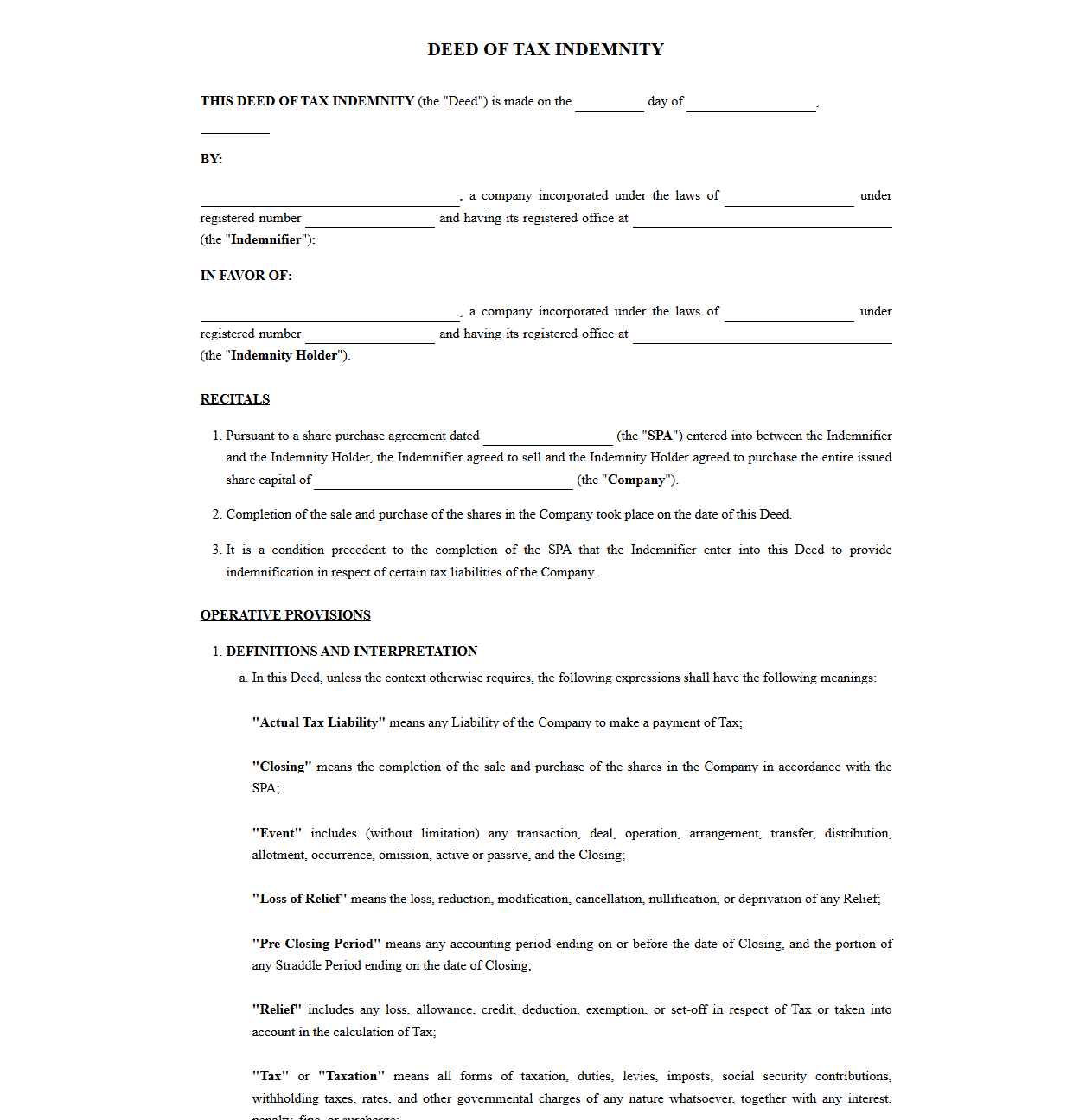 Post Closing Tax Liability Indemnity Deed