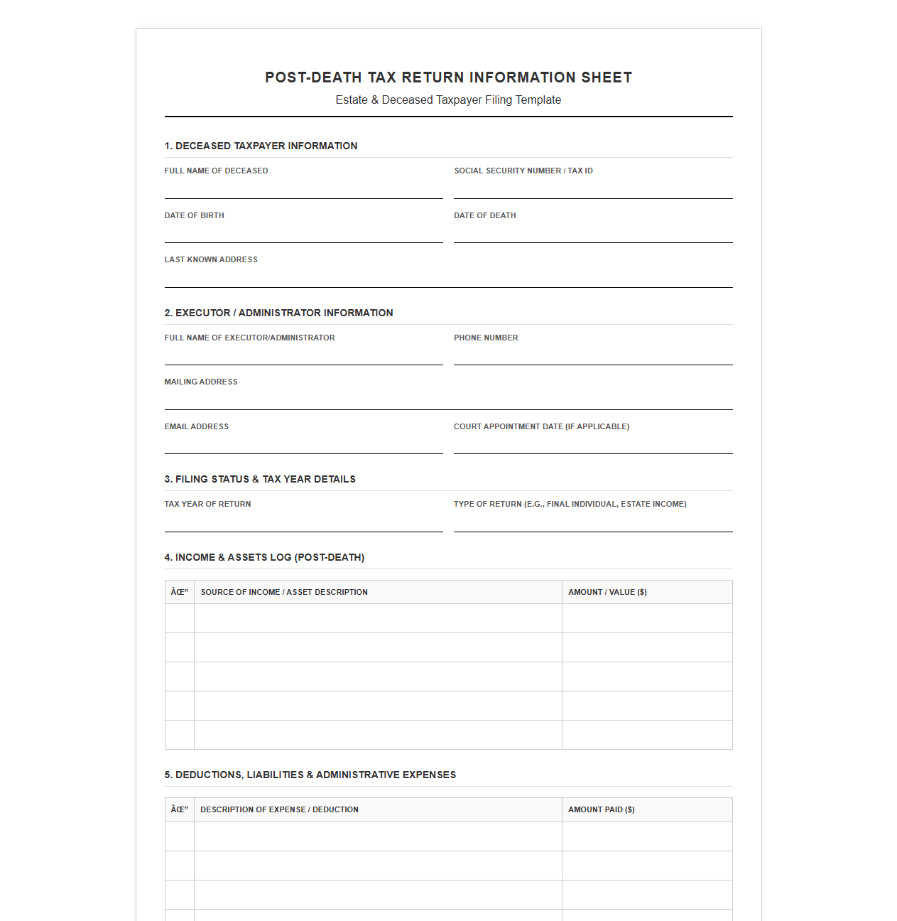 Post-Death Tax Return Template for Executor
