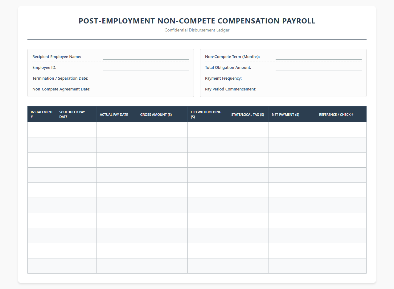 Post-Employment Non-Compete Compensation Payroll Spreadsheet