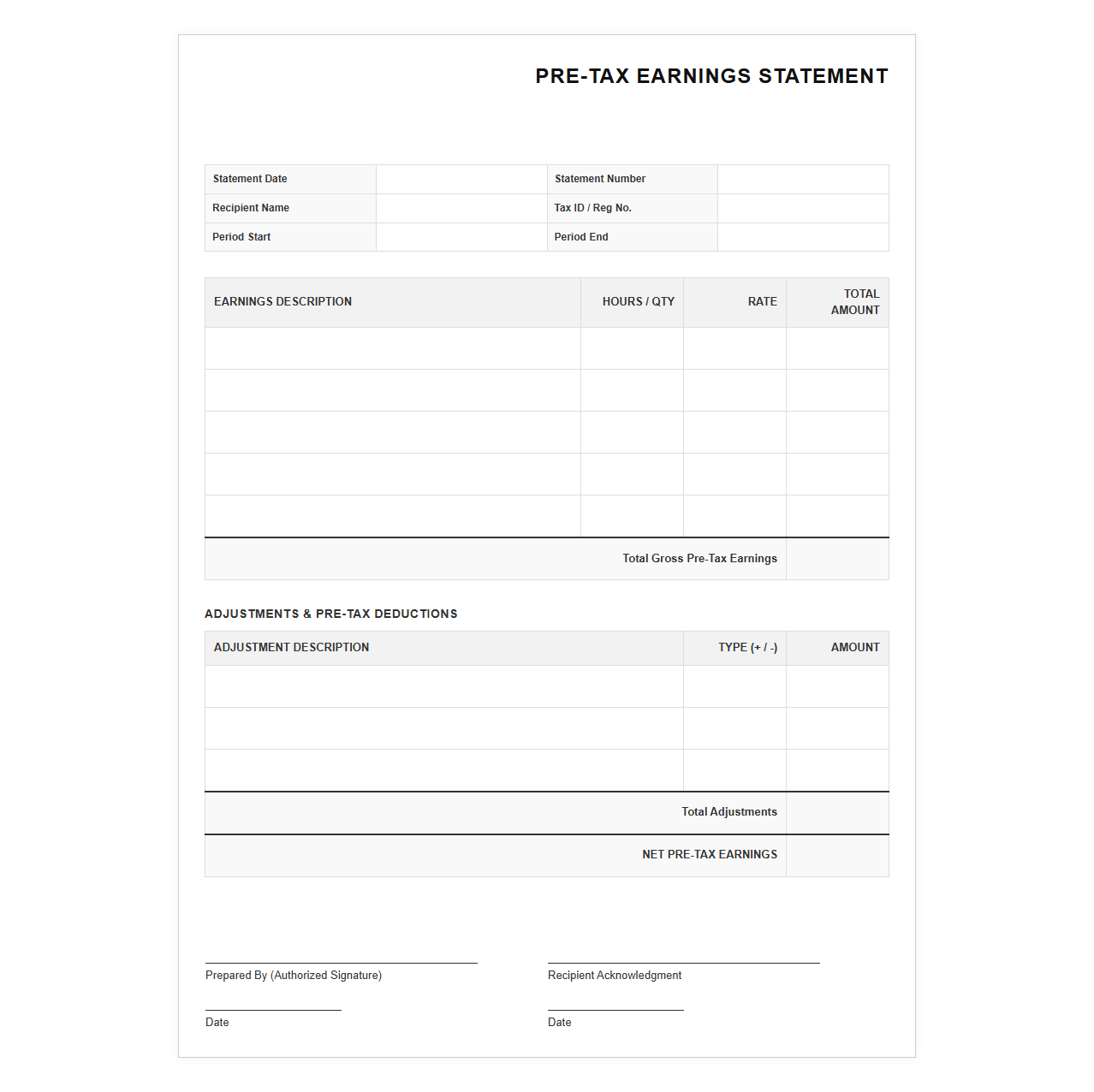 Pre-Tax Earnings Statement Template