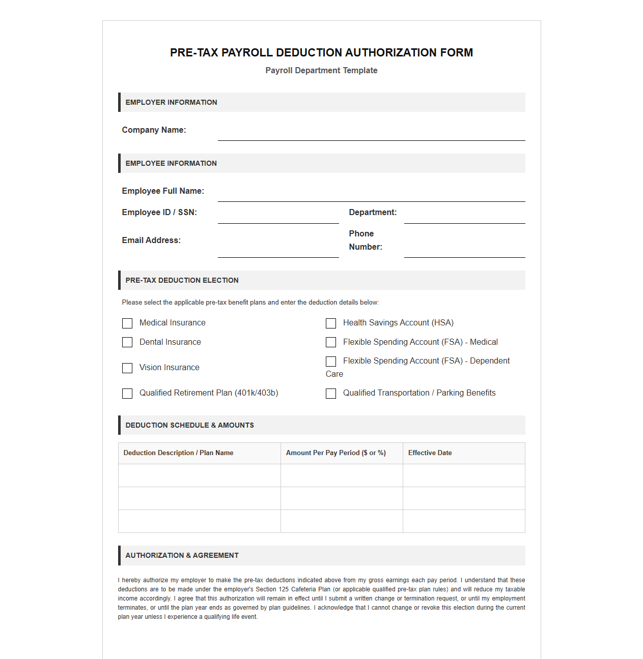 Pre-Tax Payroll Deduction Authorization Form