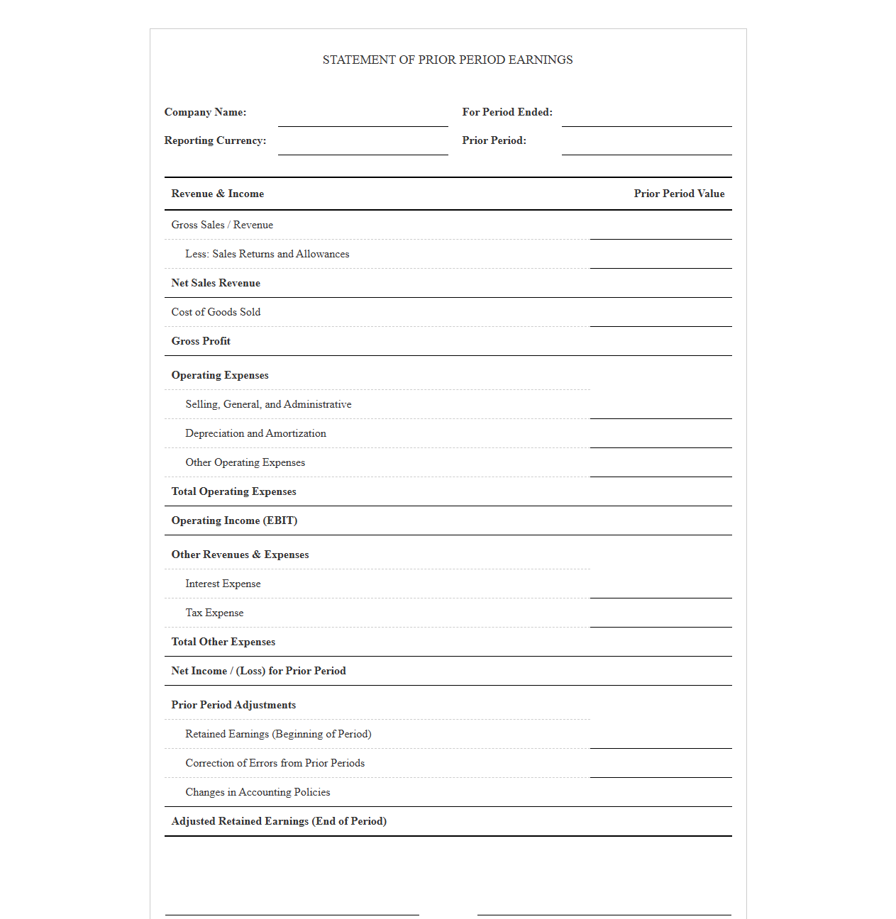 Previous Period Income Statement Form