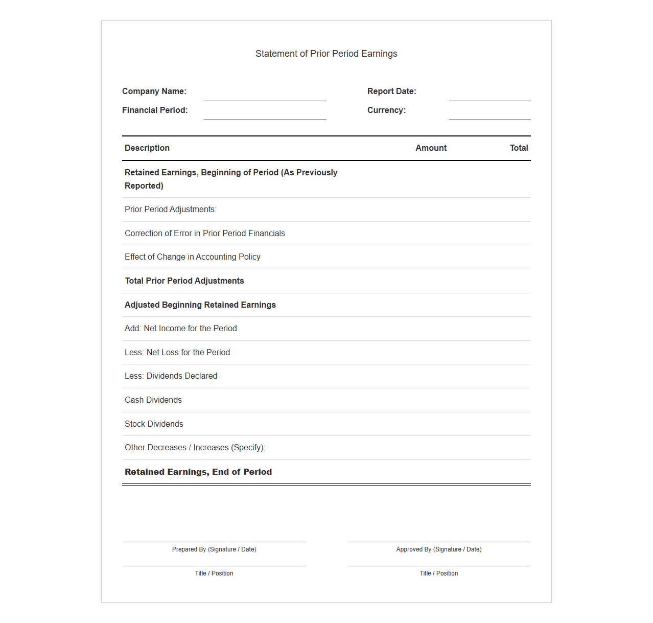 Prior Financial Period Earnings Report Template