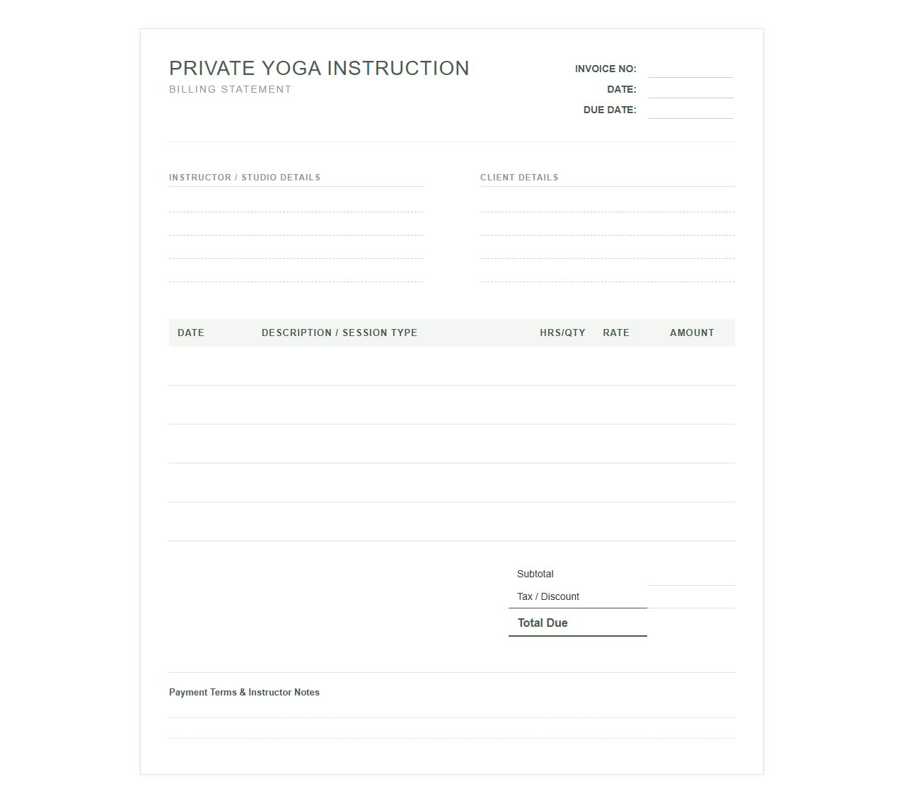 Private Yoga Instruction Billing Template