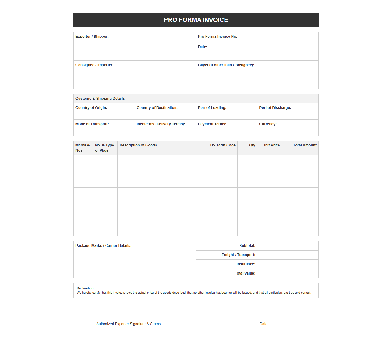 Pro Forma Export Invoice Template with Customs Details