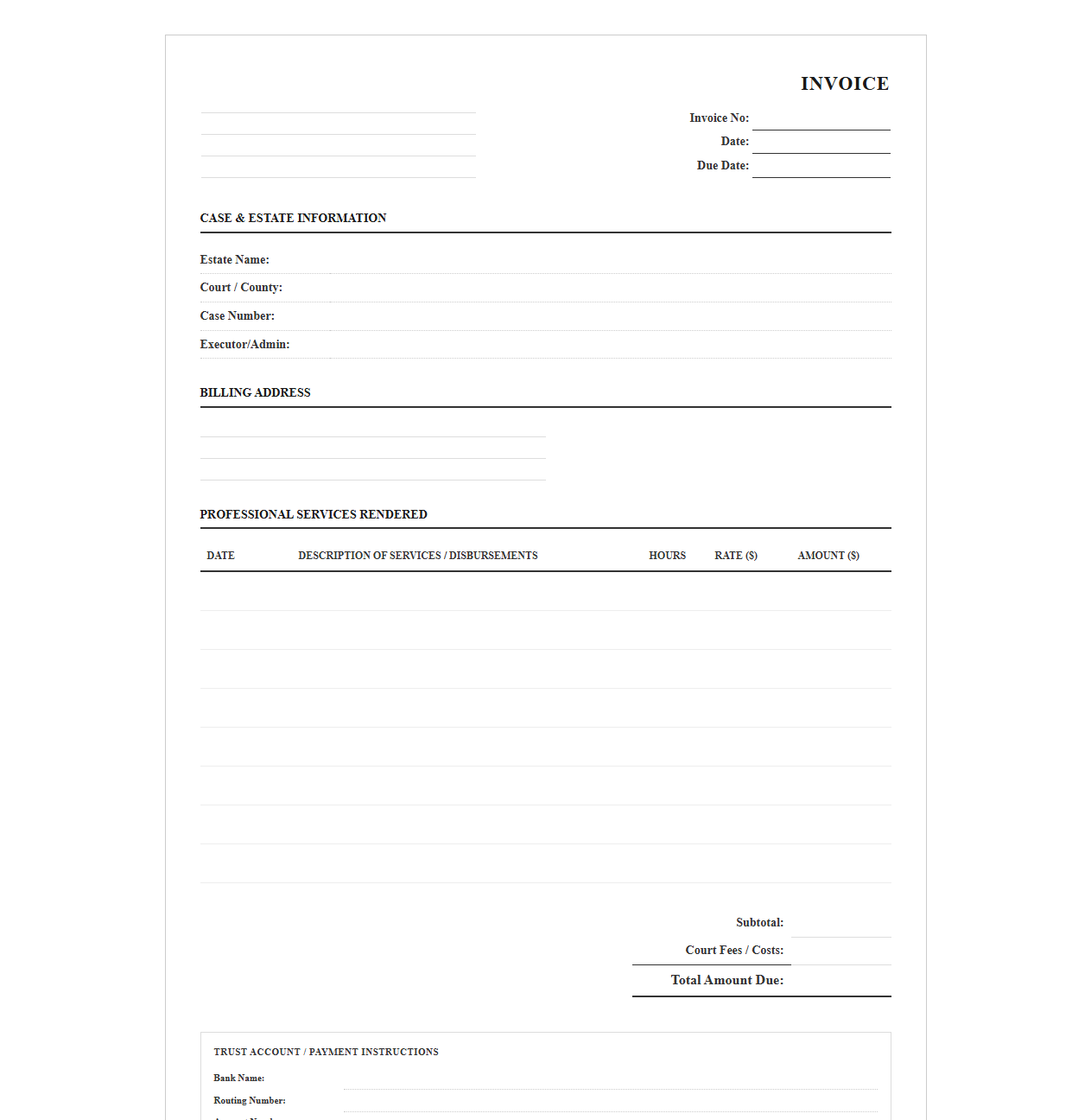 Probate and Estate Settlement Service Invoice