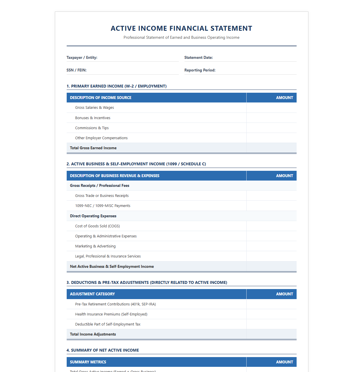 Professional Active Income Financial Statement
