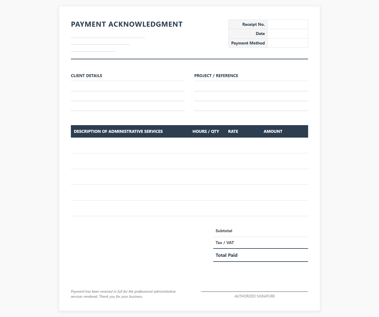 Professional Admin Services Payment Acknowledgment