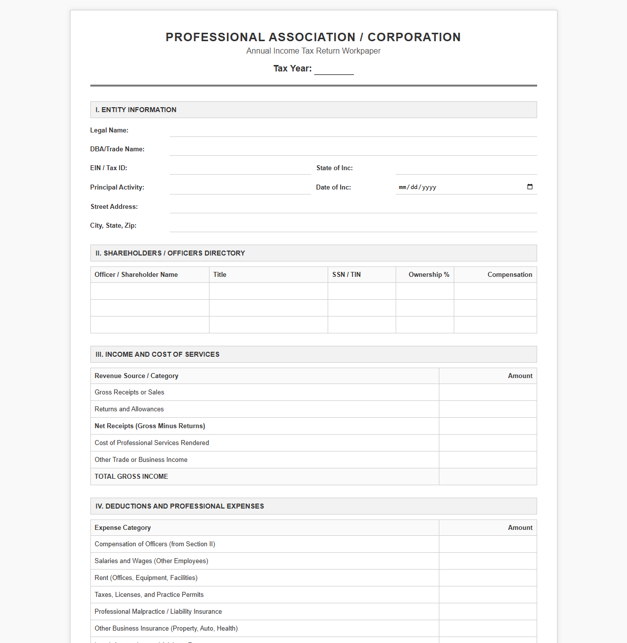 Professional Association Tax Return Document Template