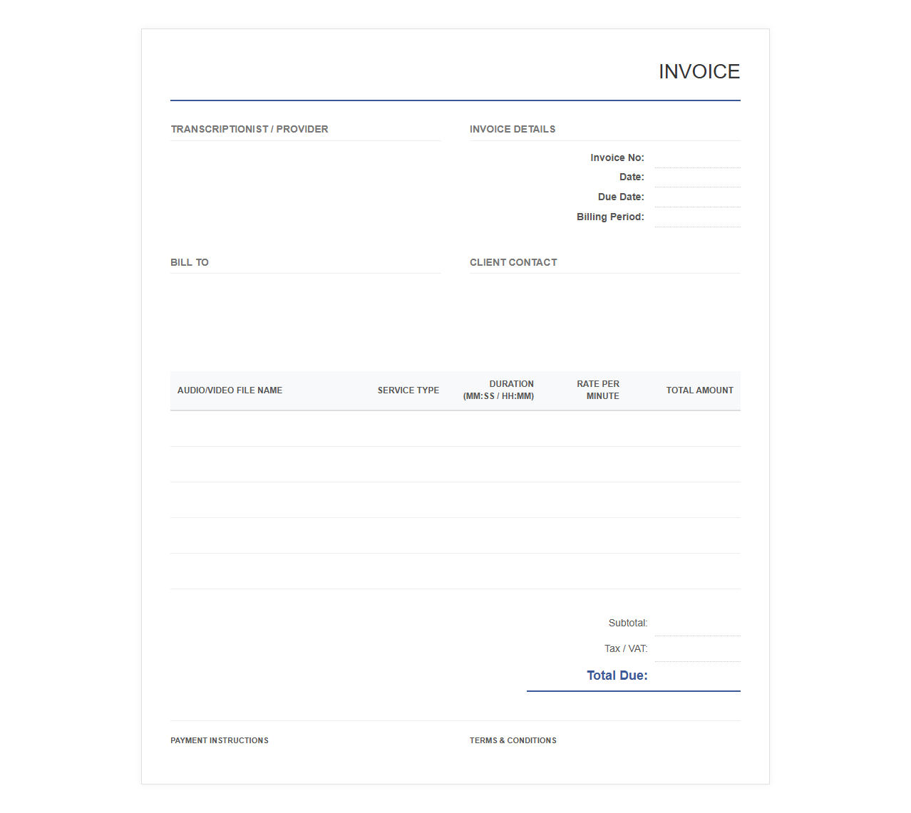 Professional Audio Transcription Invoice Form