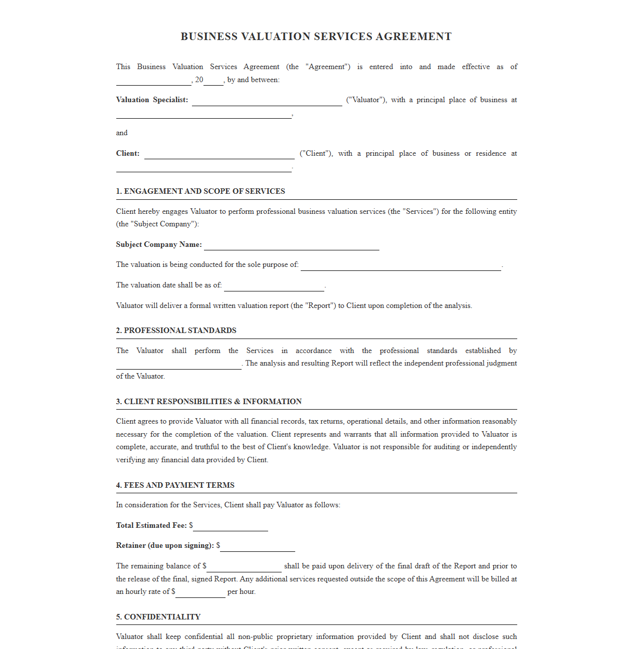 Professional Business Valuation Services Agreement
